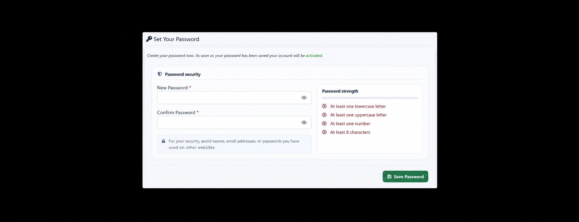 Create a password and log in